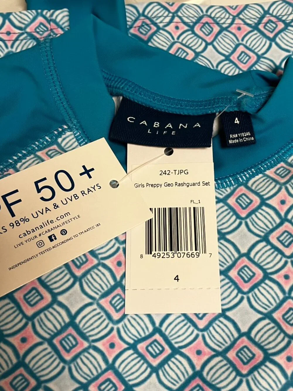 CABANA LIFE Preppy Geo Long Sleeve set Rashguard Size 4